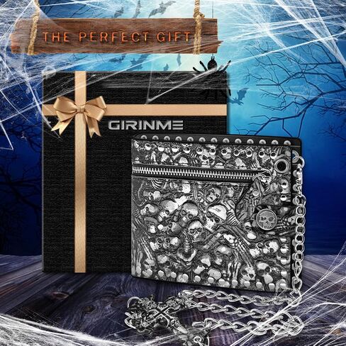 Chain Wallet Skull Gothic Punk Bifold Halloween Unisex Goth Accessories,Faux Leather- Midnight Black in Saudi Arabia