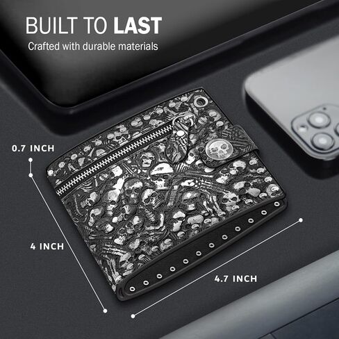 Chain Wallet Skull Gothic Punk Bifold Halloween Unisex Goth Accessories,Faux Leather- Midnight Black in Saudi Arabia