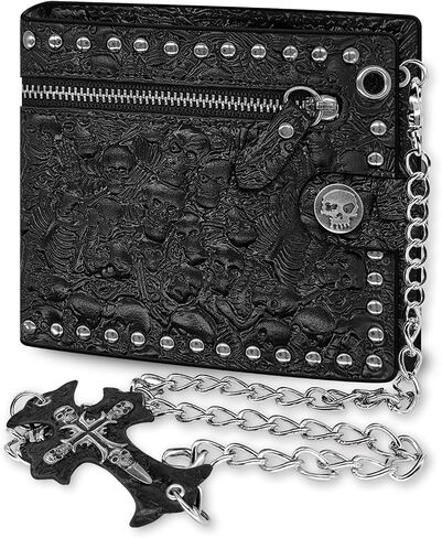 Chain Wallet Skull Gothic Punk Bifold Halloween Unisex Goth Accessories,Faux Leather- Midnight Black in Saudi Arabia