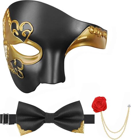 قناع تنكري funmular للرجال Phantom of the Opera Mask Half Face with Bowtie Brooch for Halloween Mardi Gras Party in Kuwait