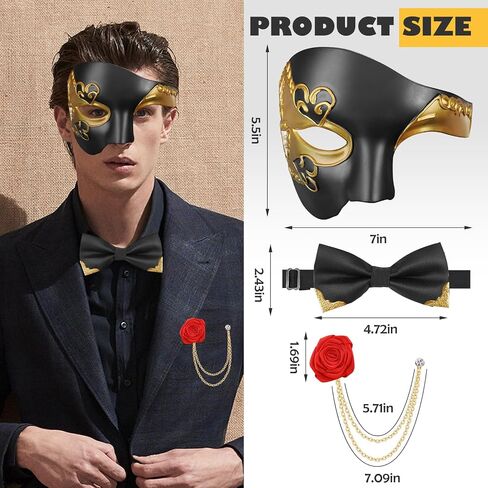 قناع تنكري funmular للرجال Phantom of the Opera Mask Half Face with Bowtie Brooch for Halloween Mardi Gras Party in Kuwait