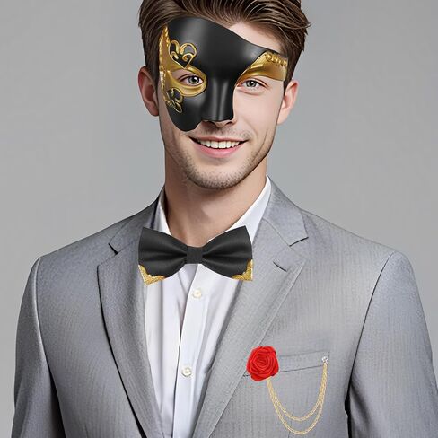 قناع تنكري funmular للرجال Phantom of the Opera Mask Half Face with Bowtie Brooch for Halloween Mardi Gras Party in Kuwait