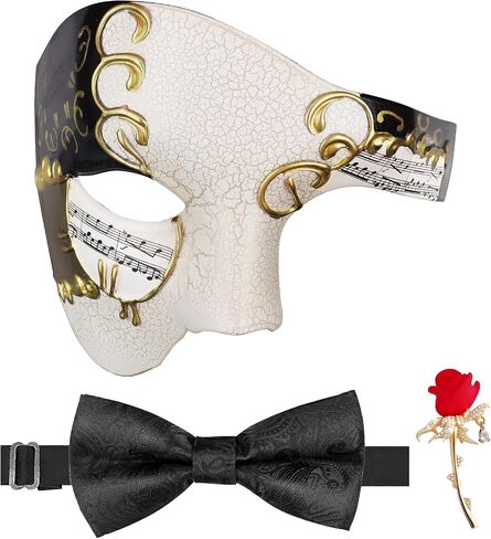 قناع تنكري funmular للرجال Phantom of the Opera Mask Half Face with Bowtie Brooch for Halloween Mardi Gras Party in Kuwait