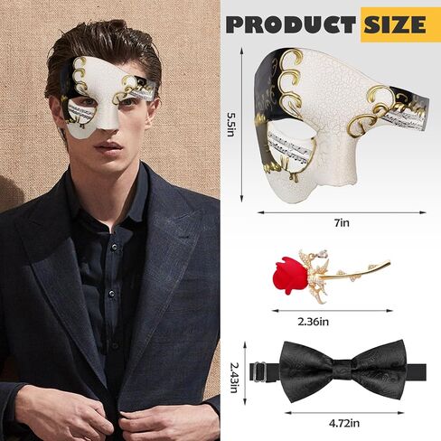 قناع تنكري funmular للرجال Phantom of the Opera Mask Half Face with Bowtie Brooch for Halloween Mardi Gras Party in Kuwait