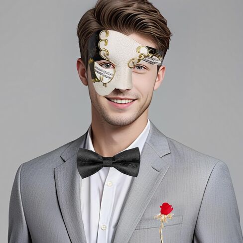 قناع تنكري funmular للرجال Phantom of the Opera Mask Half Face with Bowtie Brooch for Halloween Mardi Gras Party in Kuwait