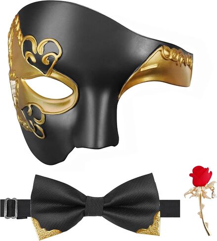 قناع تنكري funmular للرجال Phantom of the Opera Mask Half Face with Bowtie Brooch for Halloween Mardi Gras Party in Kuwait