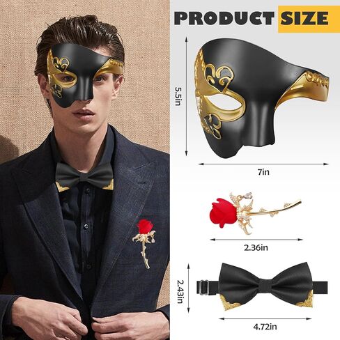 قناع تنكري funmular للرجال Phantom of the Opera Mask Half Face with Bowtie Brooch for Halloween Mardi Gras Party in Kuwait