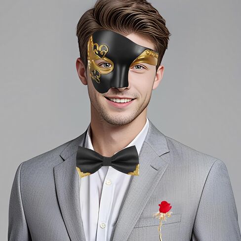 قناع تنكري funmular للرجال Phantom of the Opera Mask Half Face with Bowtie Brooch for Halloween Mardi Gras Party in Kuwait