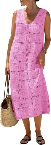 Fisoew Womens Crochet Uliciveless Dress Discal Summer v Neck Boho Boho Cove Up Beach Vacation Midi Tank Dresses in Kuwait