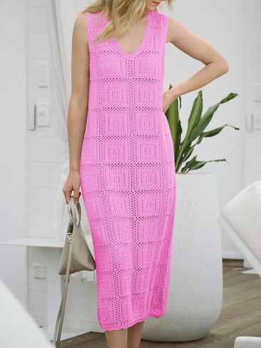 Fisoew Womens Crochet Uliciveless Dress Discal Summer v Neck Boho Boho Cove Up Beach Vacation Midi Tank Dresses in Kuwait