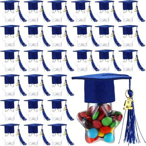 48 Set 2025 Graduation Cap Candy Jars Plastic Candy Container with Cap Tassel and Gold Grad Pendant Small Fillable Star Shape Ornaments for Graduation Party Supplies(Blue) in Kuwait