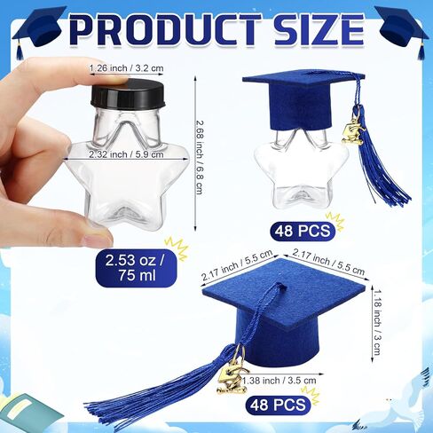 48 Set 2025 Graduation Cap Candy Jars Plastic Candy Container with Cap Tassel and Gold Grad Pendant Small Fillable Star Shape Ornaments for Graduation Party Supplies(Blue) in Kuwait