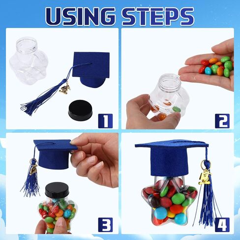 48 Set 2025 Graduation Cap Candy Jars Plastic Candy Container with Cap Tassel and Gold Grad Pendant Small Fillable Star Shape Ornaments for Graduation Party Supplies(Blue) in Kuwait