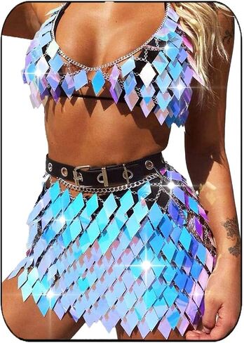 Aukmla Women Sequin Rave Outfits Dance Body Chain Skirt with Top Nightclub Outfit in Saudi Arabia