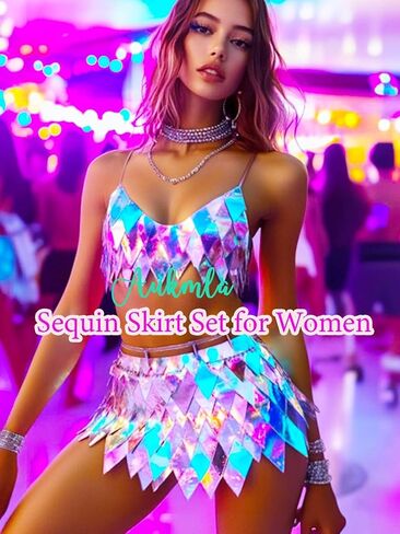 Aukmla Women Sequin Rave Outfits Dance Body Chain Skirt with Top Nightclub Outfit in Saudi Arabia