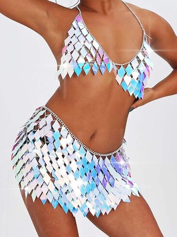 Aukmla Women Sequin Rave Outfits Dance Body Chain Skirt with Top Nightclub Outfit in Saudi Arabia