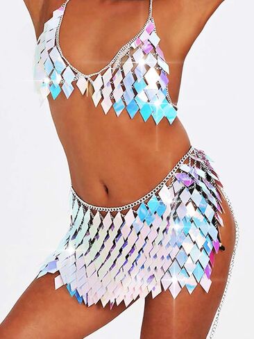Aukmla Women Sequin Rave Outfits Dance Body Chain Skirt with Top Nightclub Outfit in Saudi Arabia