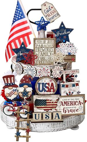 20 Pcs 4th of July Patriotic Tiered Tray Decoration Memorial Day USA Flag Wood Signs Rustic Independence Day Wooden Tiered Tray Decorations for Labor Day Home Party(Classic Style) in Saudi Arabia