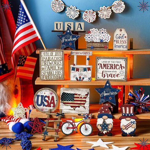 20 Pcs 4th of July Patriotic Tiered Tray Decoration Memorial Day USA Flag Wood Signs Rustic Independence Day Wooden Tiered Tray Decorations for Labor Day Home Party(Classic Style) in Saudi Arabia