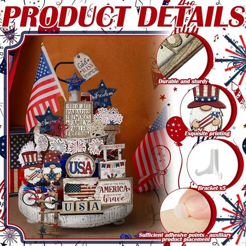 20 Pcs 4th of July Patriotic Tiered Tray Decoration Memorial Day USA Flag Wood Signs Rustic Independence Day Wooden Tiered Tray Decorations for Labor Day Home Party(Classic Style) in Saudi Arabia