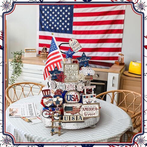 20 Pcs 4th of July Patriotic Tiered Tray Decoration Memorial Day USA Flag Wood Signs Rustic Independence Day Wooden Tiered Tray Decorations for Labor Day Home Party(Classic Style) in Saudi Arabia