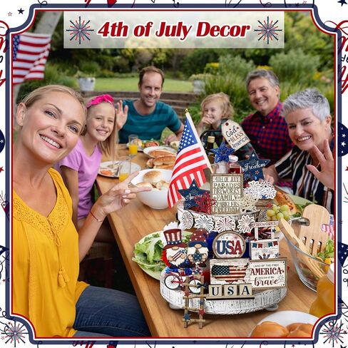 20 Pcs 4th of July Patriotic Tiered Tray Decoration Memorial Day USA Flag Wood Signs Rustic Independence Day Wooden Tiered Tray Decorations for Labor Day Home Party(Classic Style) in Saudi Arabia