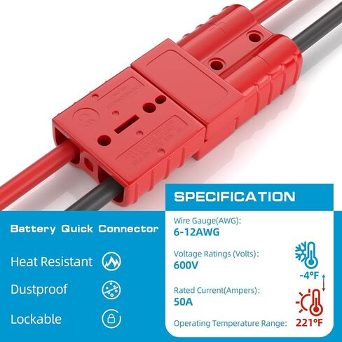 50 amp بطارية Quick Connect/Disconnect Connector مجموعة ، 6-12 Gauge 600V مع غطاء غبار قوس التثبيت للسيارات والشاحنات والمقطورات والقوارب - الأحمر ، 2 مساءً in Kuwait