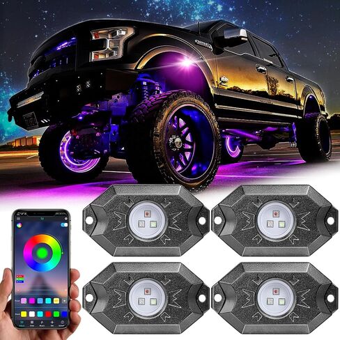 YCHOW-TECH RGB LED ROCK LIGHTS ، 4 قرون أسطّة ألوان متعددة ألوان نيون بود اللاسلكي مضاد للماء مصابيح البئر مع التحكم في التطبيق وموسيقى موسيقى الروك نيون نيون لقطات خارج الطريق RZR SUV ATV UTV in Kuwait