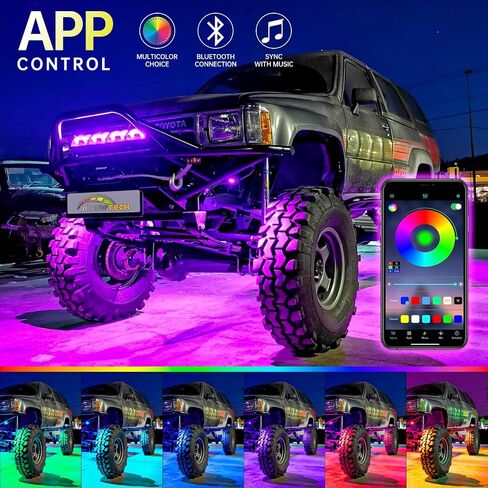 YCHOW-TECH RGB LED ROCK LIGHTS ، 4 قرون أسطّة ألوان متعددة ألوان نيون بود اللاسلكي مضاد للماء مصابيح البئر مع التحكم في التطبيق وموسيقى موسيقى الروك نيون نيون لقطات خارج الطريق RZR SUV ATV UTV in Kuwait