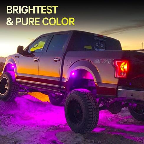 YCHOW-TECH RGB LED ROCK LIGHTS ، 4 قرون أسطّة ألوان متعددة ألوان نيون بود اللاسلكي مضاد للماء مصابيح البئر مع التحكم في التطبيق وموسيقى موسيقى الروك نيون نيون لقطات خارج الطريق RZR SUV ATV UTV in Kuwait