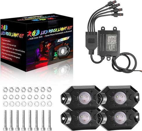 YCHOW-TECH RGB LED ROCK LIGHTS ، 4 قرون أسطّة ألوان متعددة ألوان نيون بود اللاسلكي مضاد للماء مصابيح البئر مع التحكم في التطبيق وموسيقى موسيقى الروك نيون نيون لقطات خارج الطريق RZR SUV ATV UTV in Kuwait