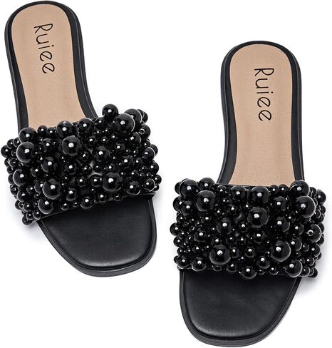 Women's Flat Slides Sandals, Pearl Decor Sparkly Bling Dressy Slides Comfortable Casual Bride Wedding Summer Slip on Sandals for Women. in Kuwait