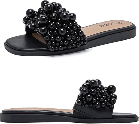 Women's Flat Slides Sandals, Pearl Decor Sparkly Bling Dressy Slides Comfortable Casual Bride Wedding Summer Slip on Sandals for Women. in Kuwait
