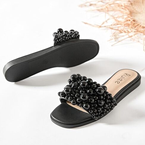 Women's Flat Slides Sandals, Pearl Decor Sparkly Bling Dressy Slides Comfortable Casual Bride Wedding Summer Slip on Sandals for Women. in Kuwait