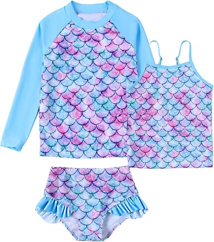 Girls Swimsuit 3 Piece Long Sleeve Rash Guard Set Tankini Bathing Suit UPF 50+ Sun Protection Summer Swimwear 3-10T in Saudi Arabia