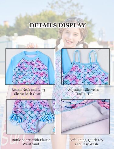 Girls Swimsuit 3 Piece Long Sleeve Rash Guard Set Tankini Bathing Suit UPF 50+ Sun Protection Summer Swimwear 3-10T in Saudi Arabia