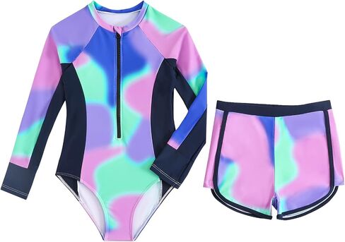 JiAmy Girls 2-Piece Rash Guard Long Sleeve Zip Swimsuit Tie Dye Crew Neck Bathing Suit Kids Swimwear 8-12 Y in Kuwait