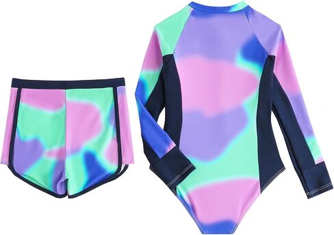 JiAmy Girls 2-Piece Rash Guard Long Sleeve Zip Swimsuit Tie Dye Crew Neck Bathing Suit Kids Swimwear 8-12 Y in Kuwait