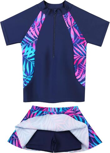 Girls Rash Guard Swimsuits Set 2 Pcs Bathing Suit UPF50+ Short Sleeve Kids Beach Swimming Skirts with Shorts Swimwear 3-14Y in Saudi Arabia