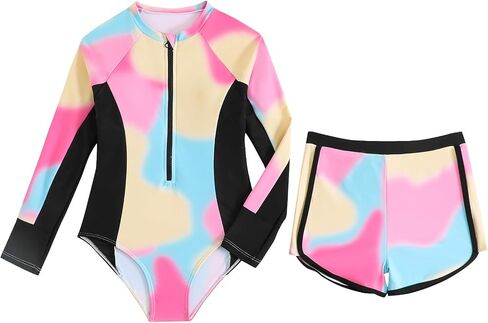 JiAmy Girls 2-Piece Rash Guard Long Sleeve Zip Swimsuit Tie Dye Crew Neck Bathing Suit Kids Swimwear 8-12 Y in Kuwait