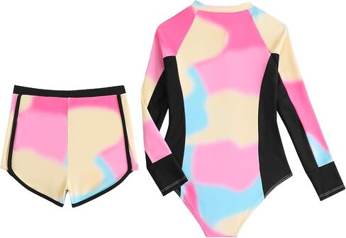 JiAmy Girls 2-Piece Rash Guard Long Sleeve Zip Swimsuit Tie Dye Crew Neck Bathing Suit Kids Swimwear 8-12 Y in Kuwait