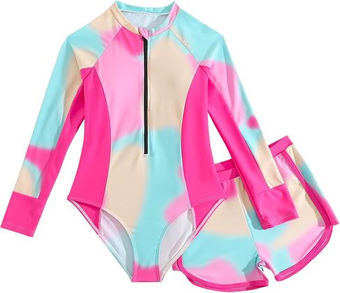 JiAmy Girls 2-Piece Rash Guard Long Sleeve Zip Swimsuit Tie Dye Crew Neck Bathing Suit Kids Swimwear 8-12 Y in Kuwait