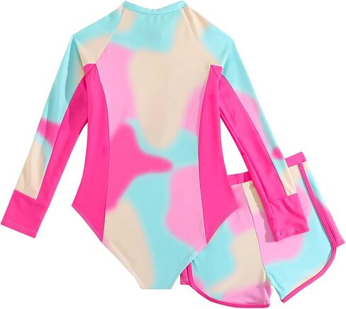 JiAmy Girls 2-Piece Rash Guard Long Sleeve Zip Swimsuit Tie Dye Crew Neck Bathing Suit Kids Swimwear 8-12 Y in Kuwait
