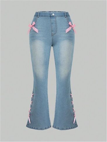 Floerns Girl's Bell Bottom Flare Jeans Cute Lace Up Bow Side Y2k Denim Pants in Kuwait