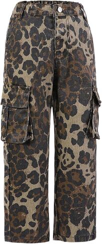 WDIRARA Toddler Girl's Leopard Print Cargo Jeans Flap Pocket Straight Leg Denim Pants in Saudi Arabia
