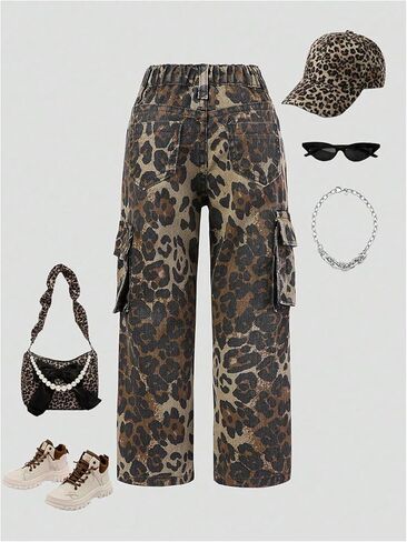 WDIRARA Toddler Girl's Leopard Print Cargo Jeans Flap Pocket Straight Leg Denim Pants in Saudi Arabia