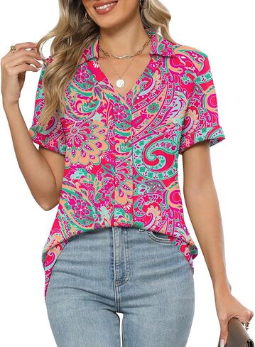 Micoson Womens Polo Shirts Dressy V Neck Business Casual Tops Lapel Collar Short Sleeve Summer Shirts Loose Fit Work Blouses in Kuwait