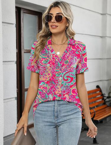 Micoson Womens Polo Shirts Dressy V Neck Business Casual Tops Lapel Collar Short Sleeve Summer Shirts Loose Fit Work Blouses in Kuwait