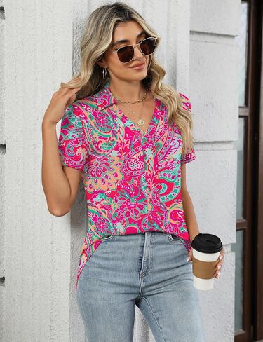 Micoson Womens Polo Shirts Dressy V Neck Business Casual Tops Lapel Collar Short Sleeve Summer Shirts Loose Fit Work Blouses in Kuwait