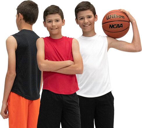 KISTA 3 Pack Kid's & Boys Sleeveless Workout Shirts, Dry Fit Running Mesh Cutoff Shirts, Athletic Training Tank Tops in Kuwait
